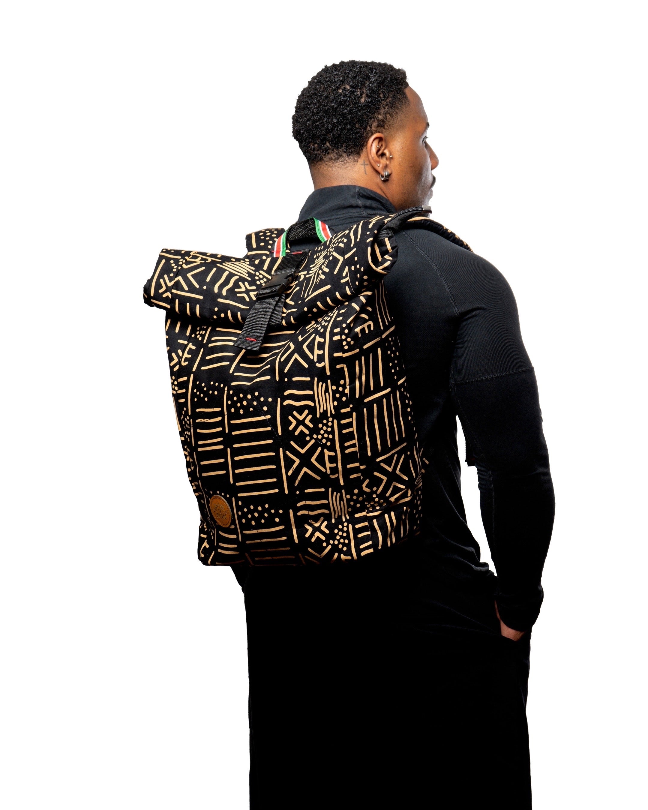 BLACK & GOLD ROLL TOP ANKARA BACKPACK-MADE IN KENYA