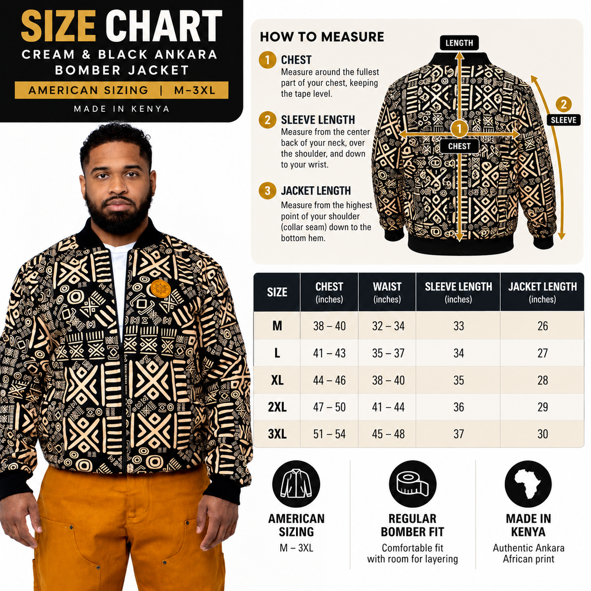 Cream & Black Ankara Bomber Jacket – Made in Kenya 🇰🇪 - Kulcha Kernel