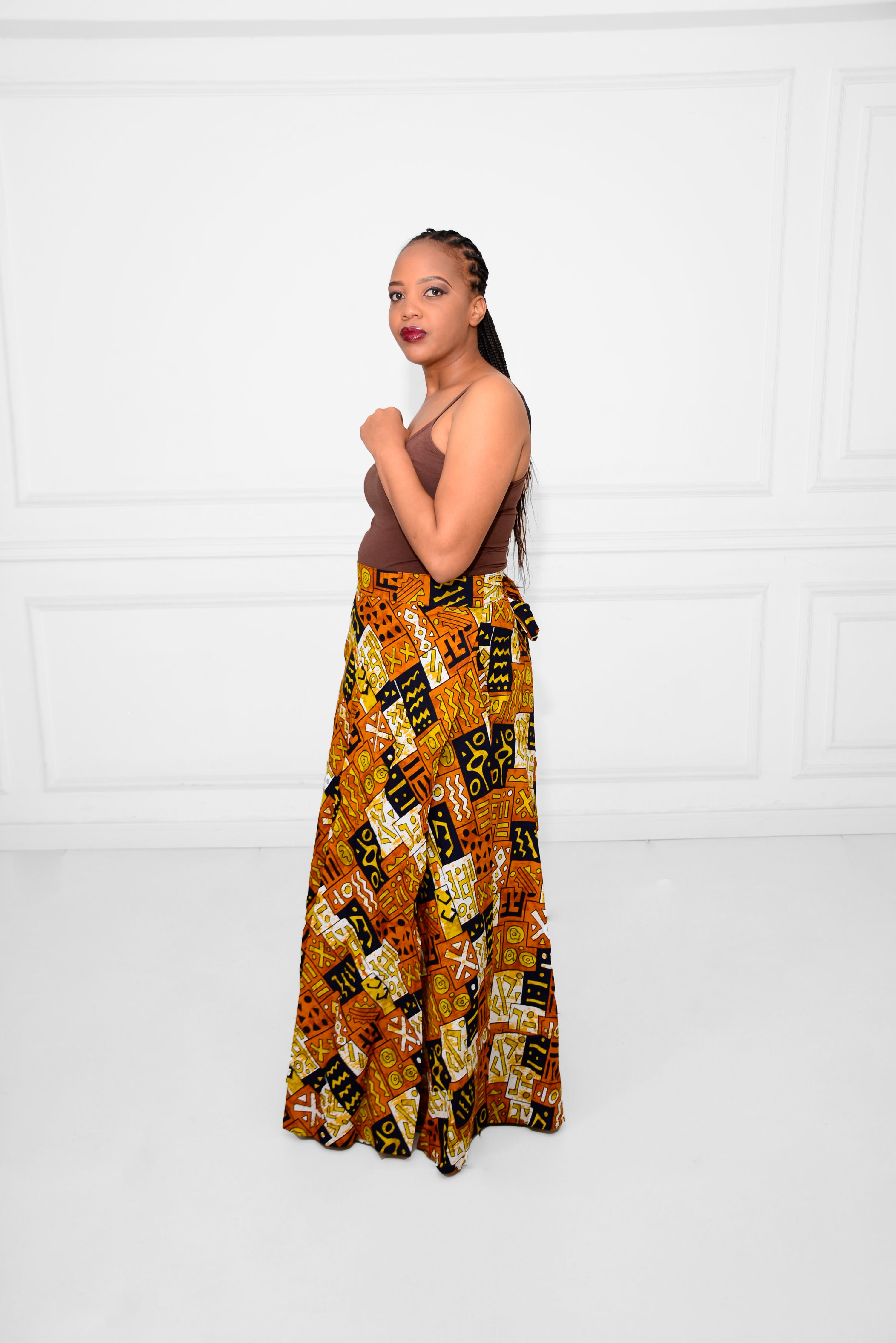 Long Wrap-Around Brown Ankara African Print Skirt