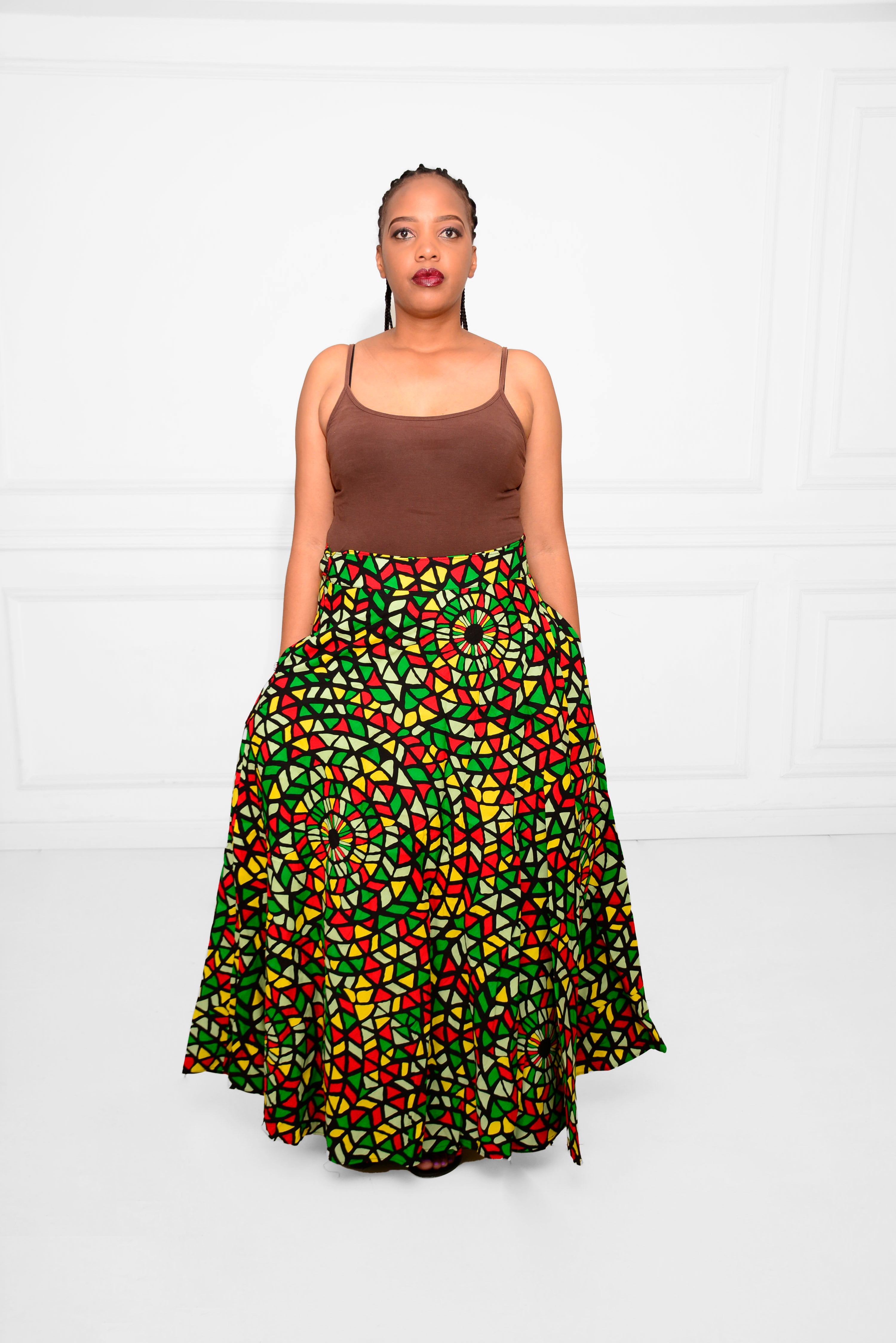 Long Wrap-Around Ankara Skirt – Bold Red, Yellow, Black &amp; White African Print