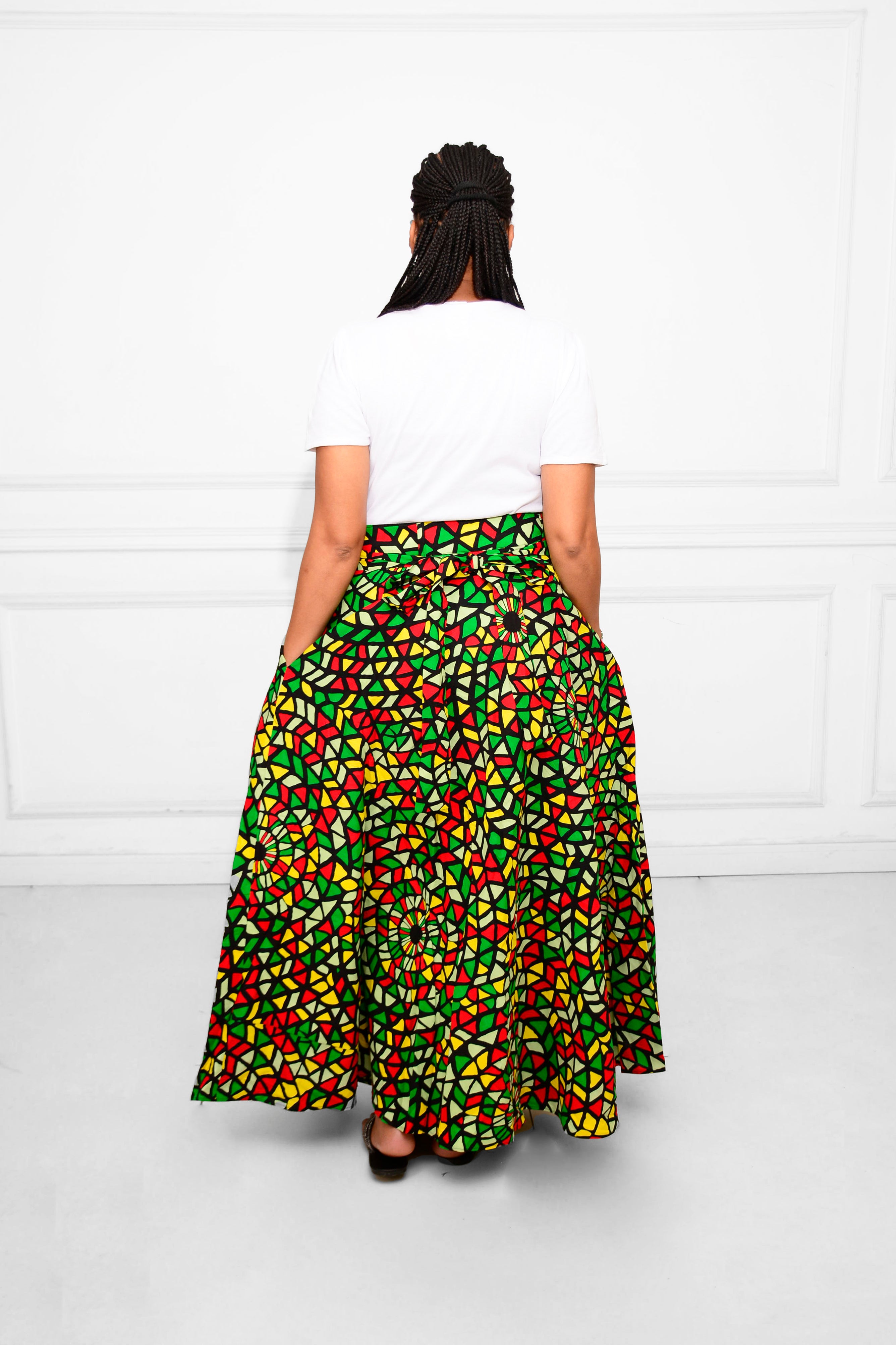 Long Wrap-Around Ankara Skirt – Bold Red, Yellow, Black &amp; White African Print