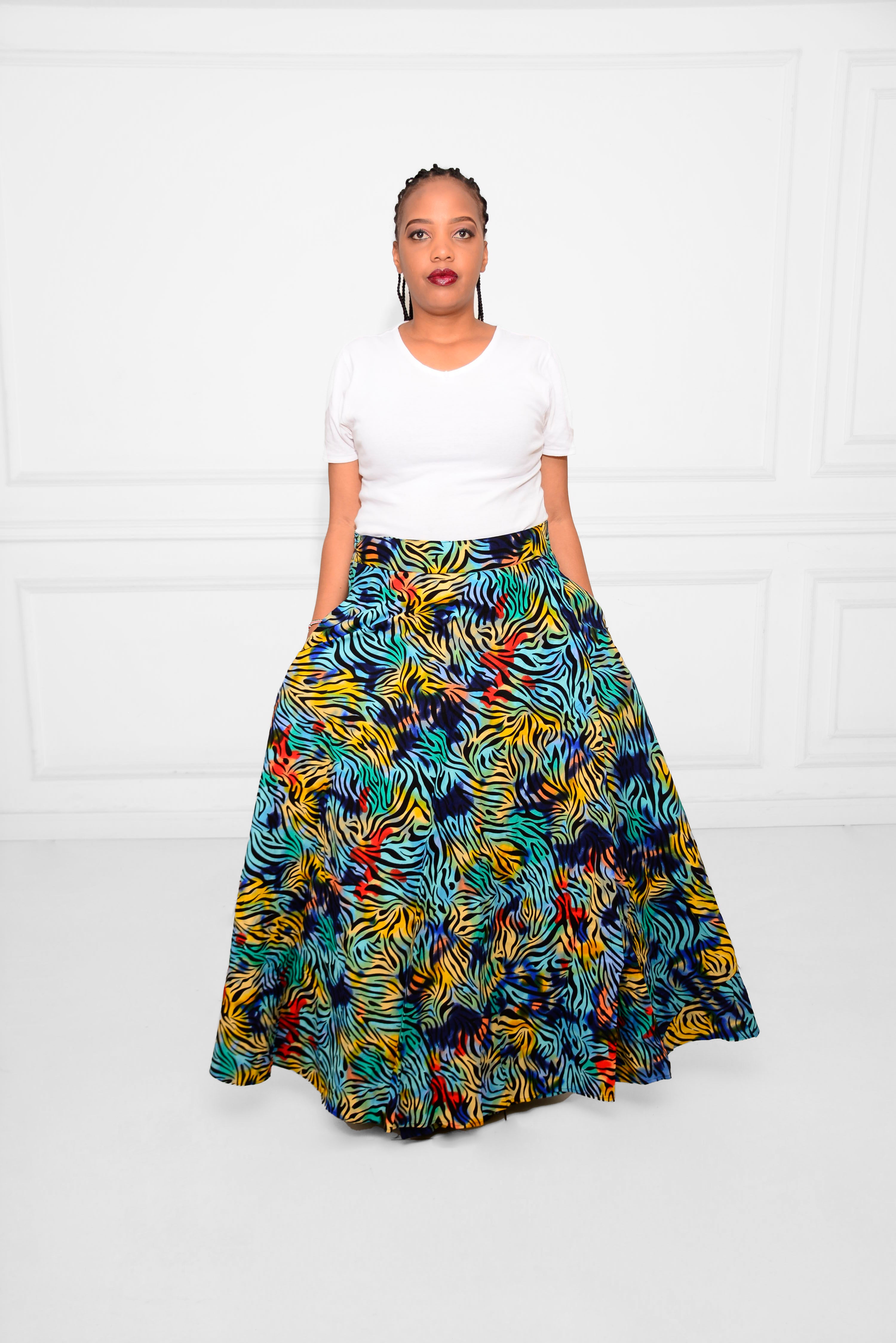 Long Wrap-Around Ankara Skirt – Vibrant Red, Yellow & Blue African Print Elegance