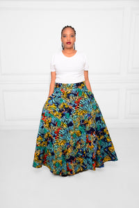 Long Wrap-Around Ankara Skirt – Vibrant Red, Yellow & Blue African Print Elegance