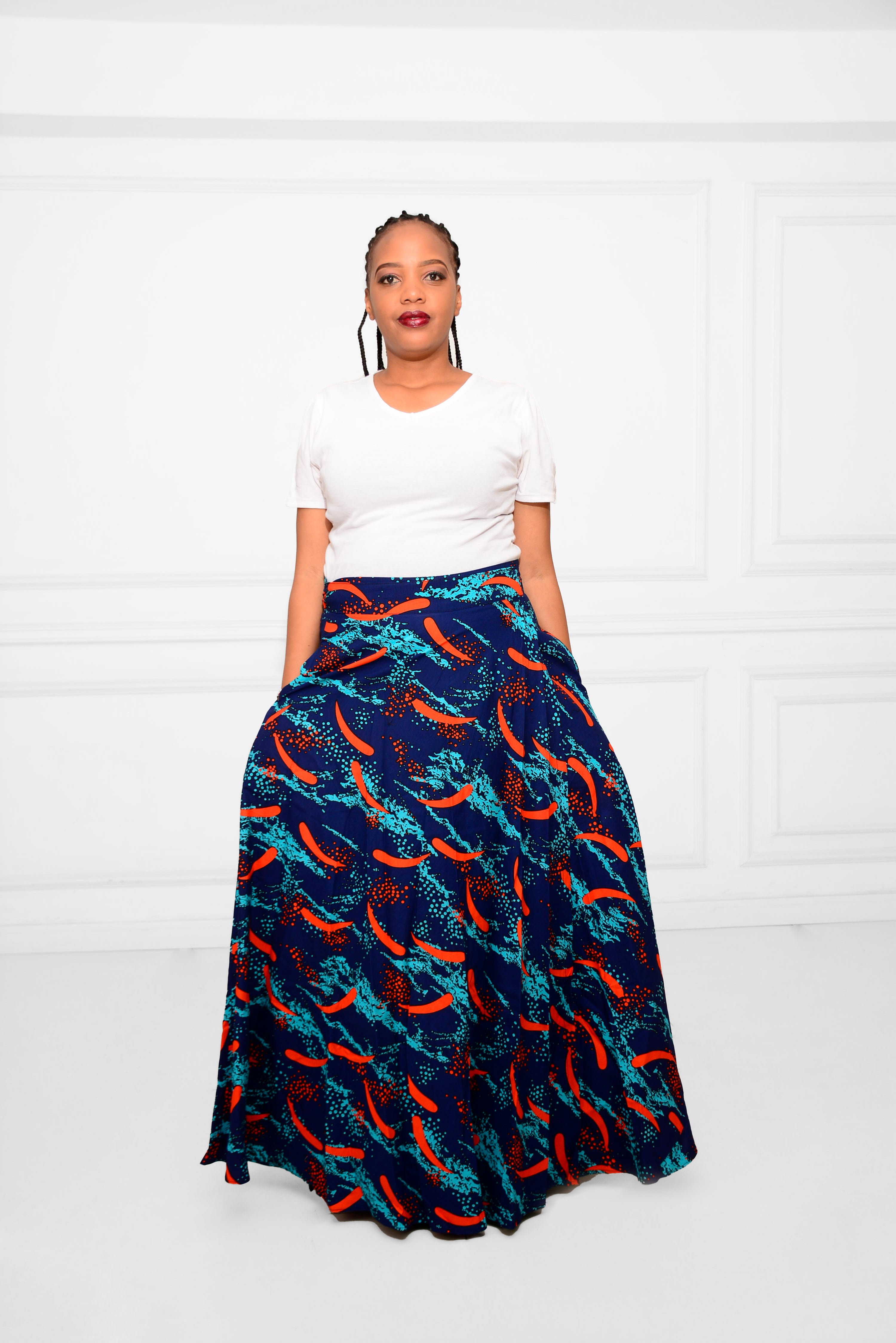 Long Wrap-Around Ankara Skirt – Bold Blue & Orange African Print Elegance