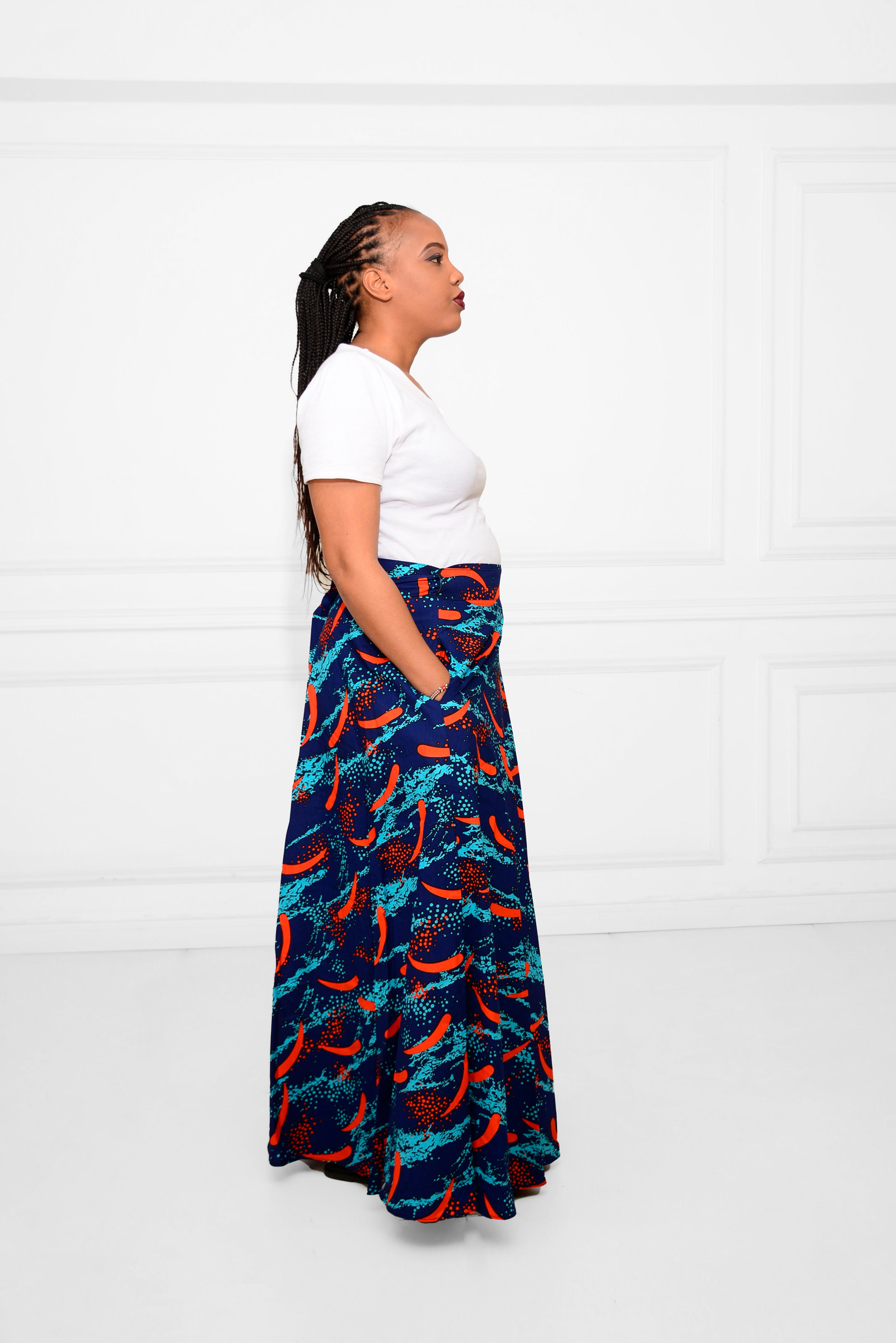 Long Wrap-Around Ankara Skirt – Bold Blue & Orange African Print Elegance