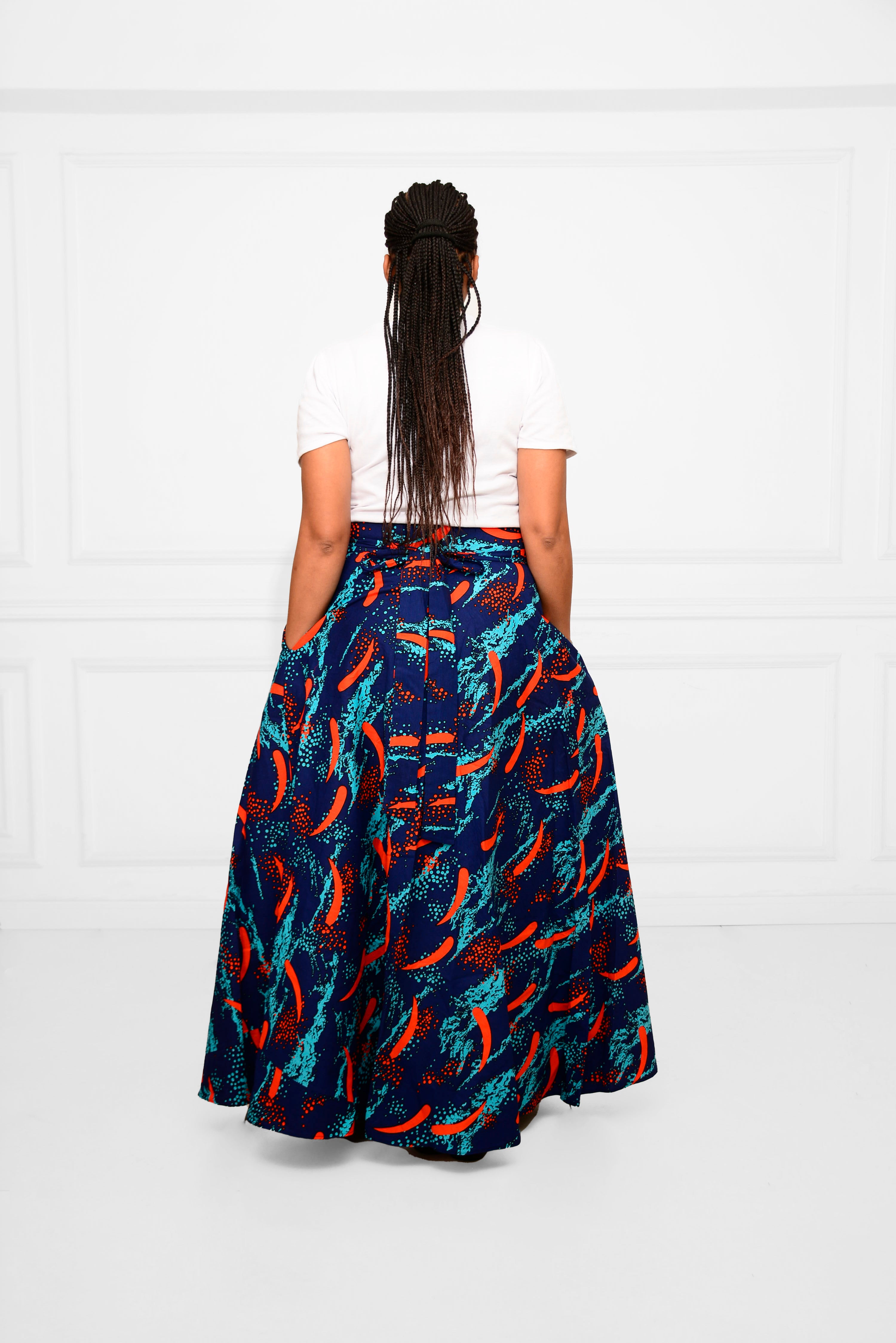 Long Wrap-Around Ankara Skirt – Bold Blue & Orange African Print Elegance