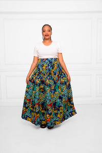 High-Waist Long Ankara Skirt – Red, Yellow, Black & Blue African Print Statement