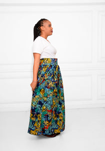 High-Waist Long Ankara Skirt – Red, Yellow, Black & Blue African Print Statement