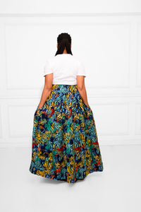 High-Waist Long Ankara Skirt – Red, Yellow, Black & Blue African Print Statement