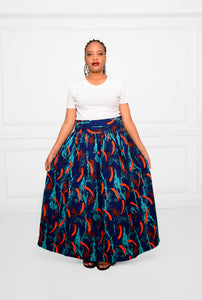 Long Blue and Orange Ankara High-waist Skirt