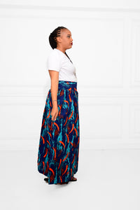 Long Blue and Orange Ankara High-waist Skirt