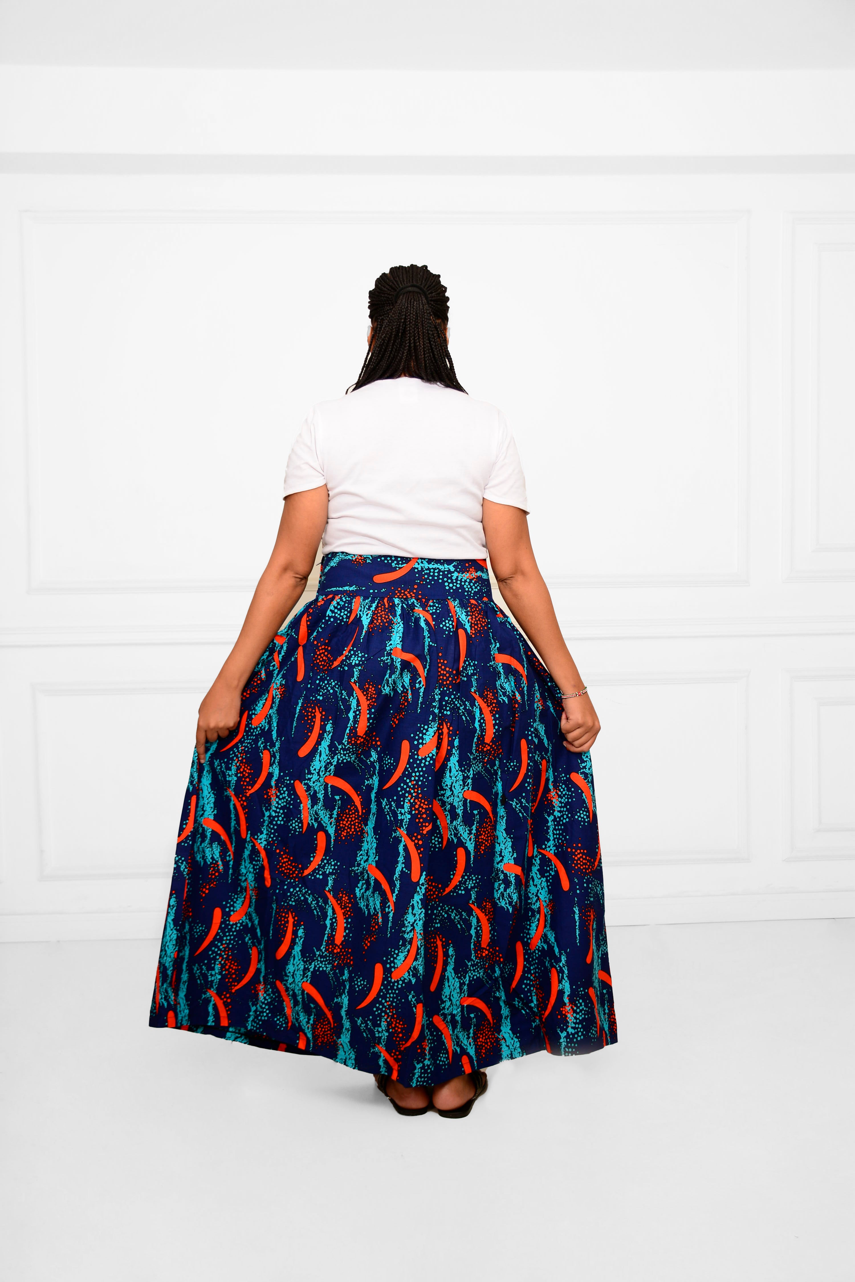 Long Blue and Orange Ankara High-waist Skirt
