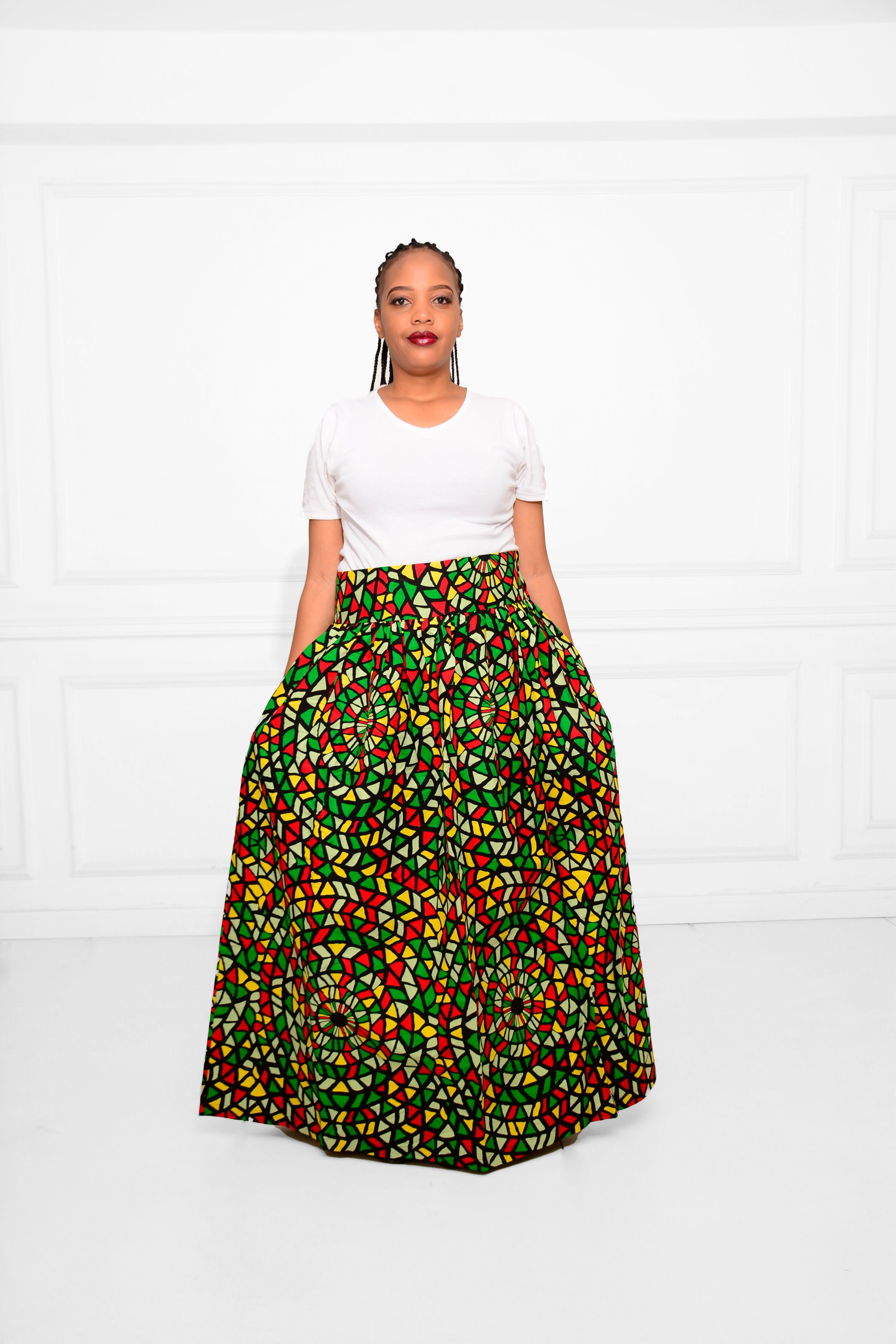 High-Waist Long Ankara Skirt – Red, Yellow, Black & White African Print Elegance