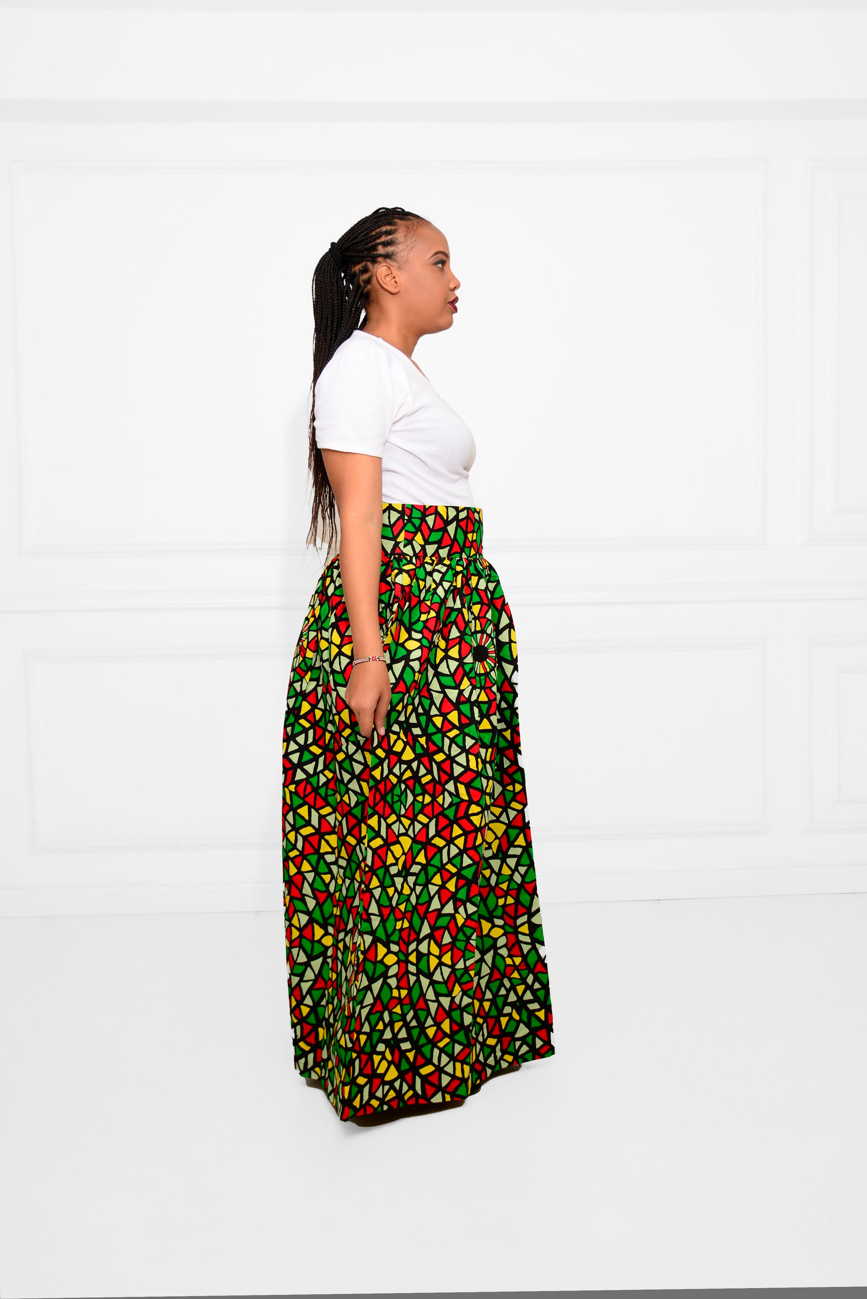 High-Waist Long Ankara Skirt – Red, Yellow, Black & White African Print Elegance