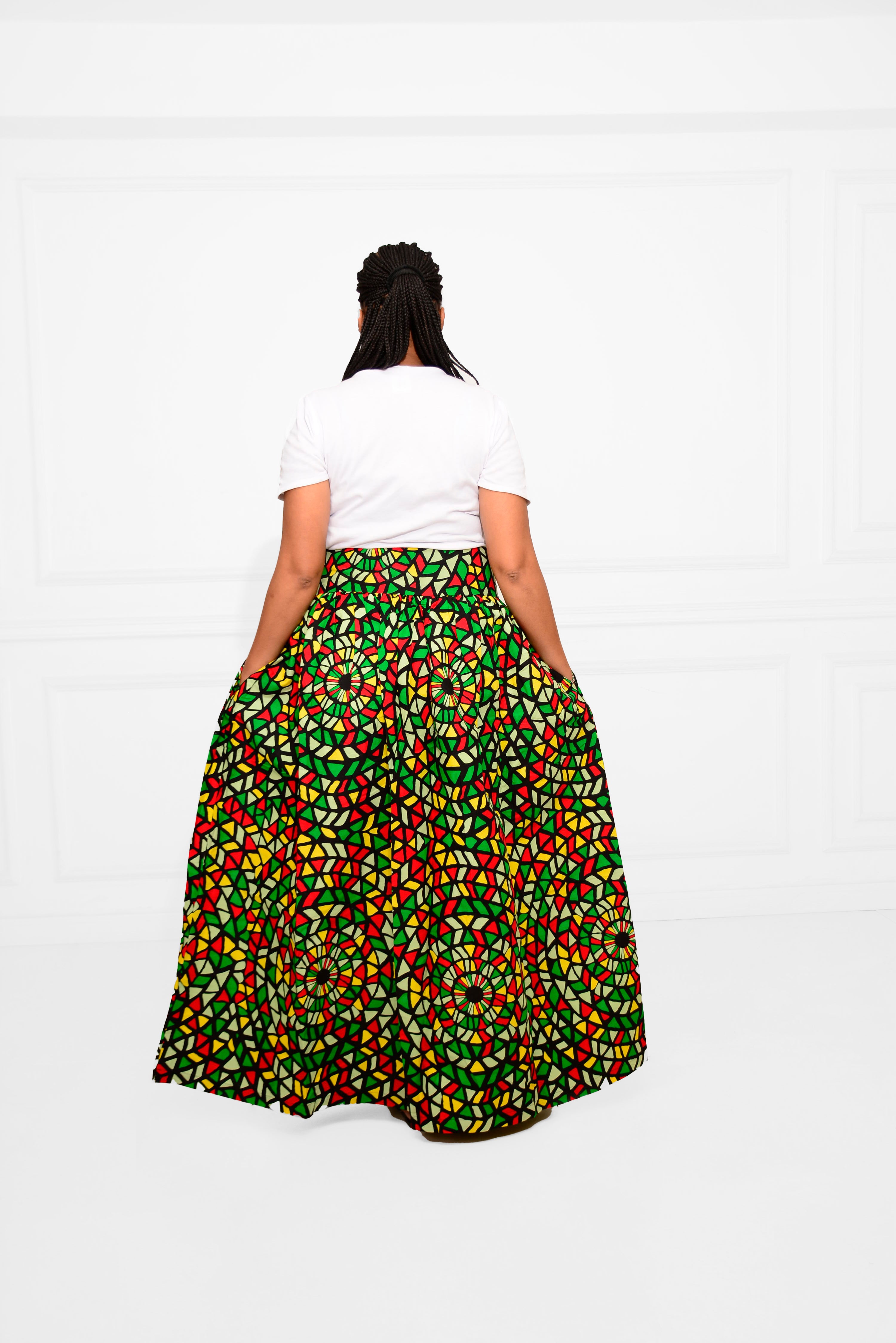 High-Waist Long Ankara Skirt – Red, Yellow, Black & White African Print Elegance