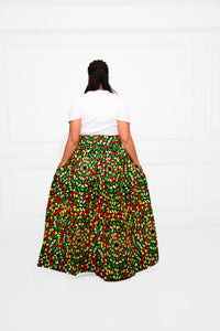High-Waist Long Ankara Skirt – Red, Yellow, Black & White African Print Elegance