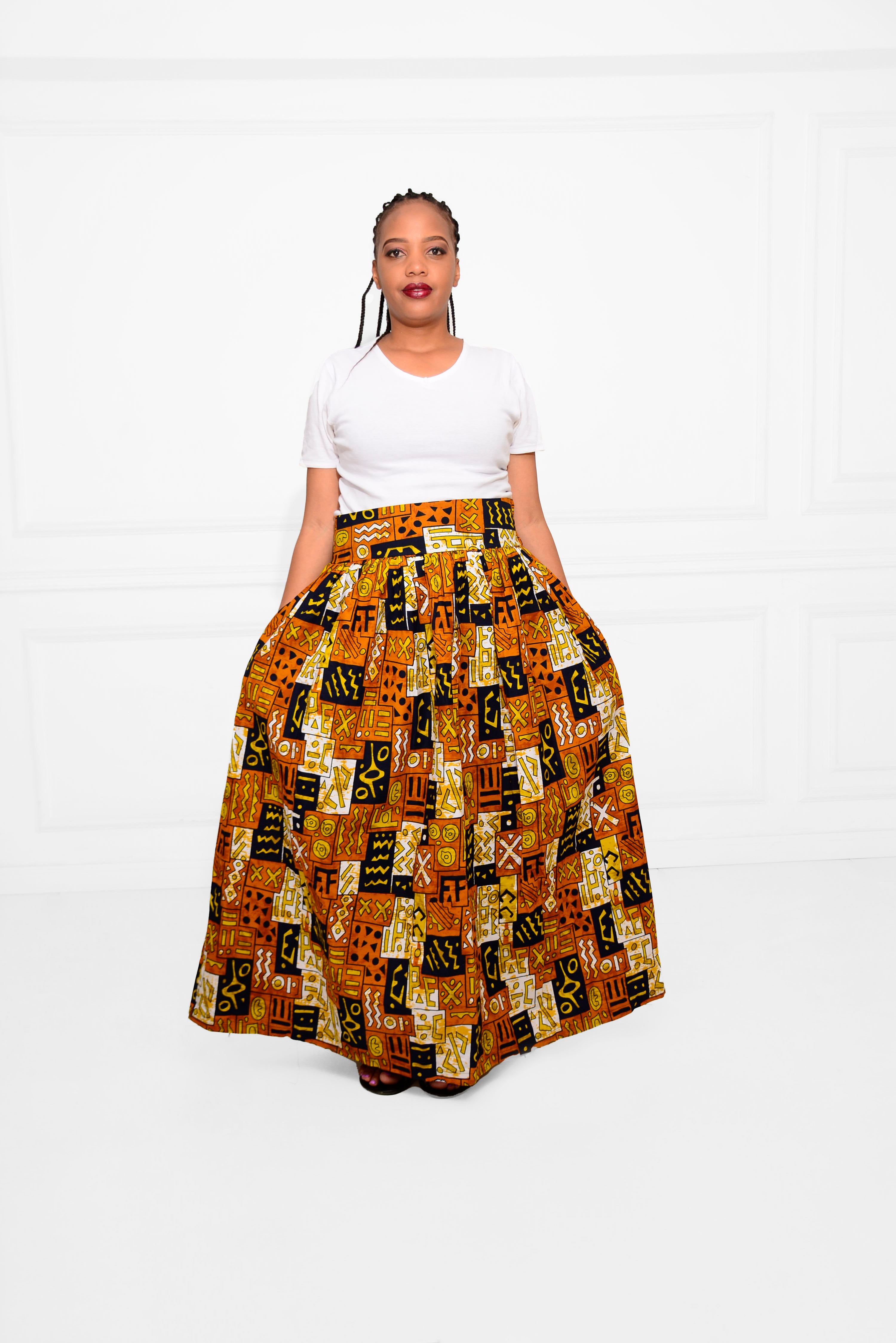 High-Waist Long Brown Ankara Skirt – Timeless African Print Elegance