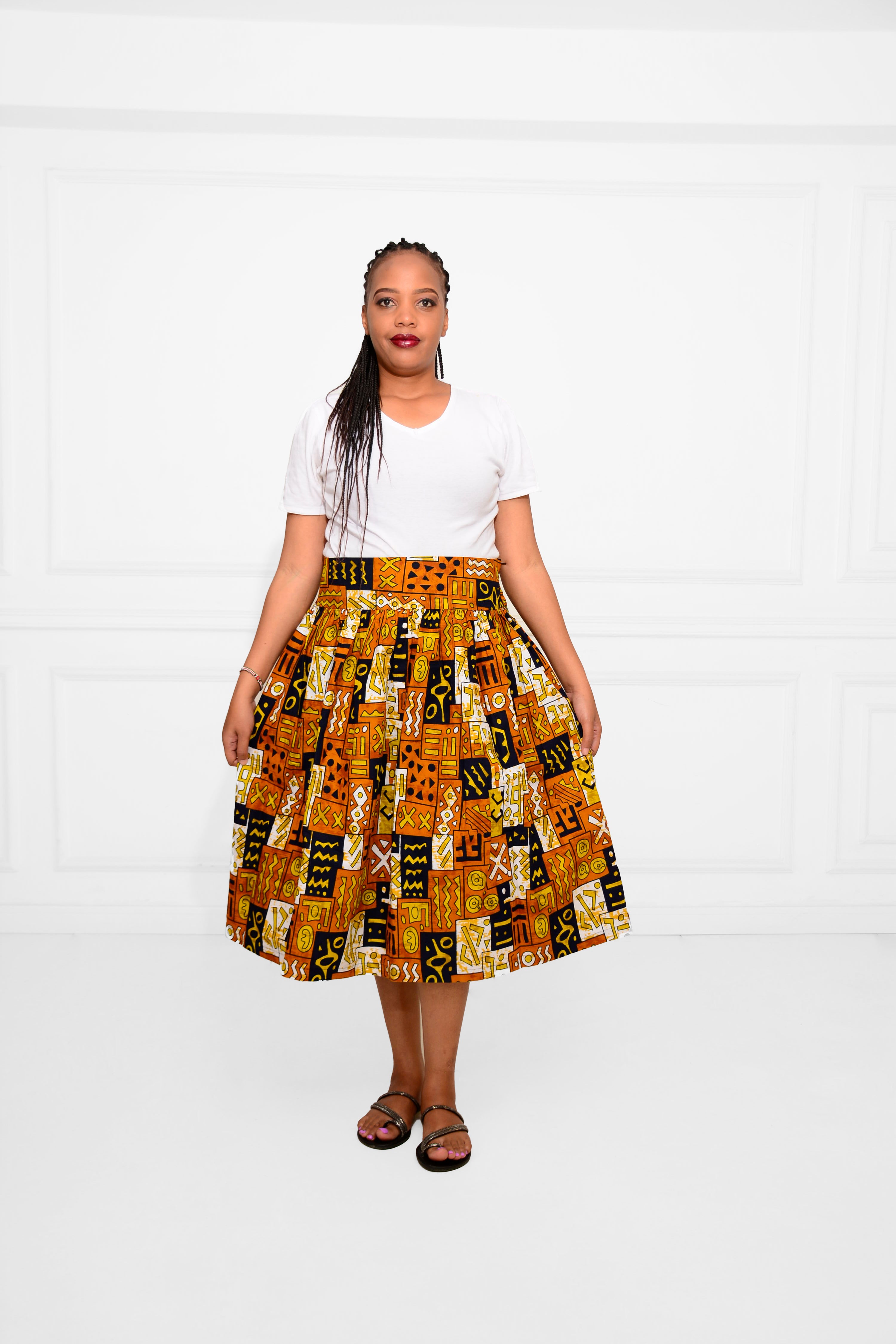Short Ankara African Print Skirt – Timeless Brown Below-the-Knee Style