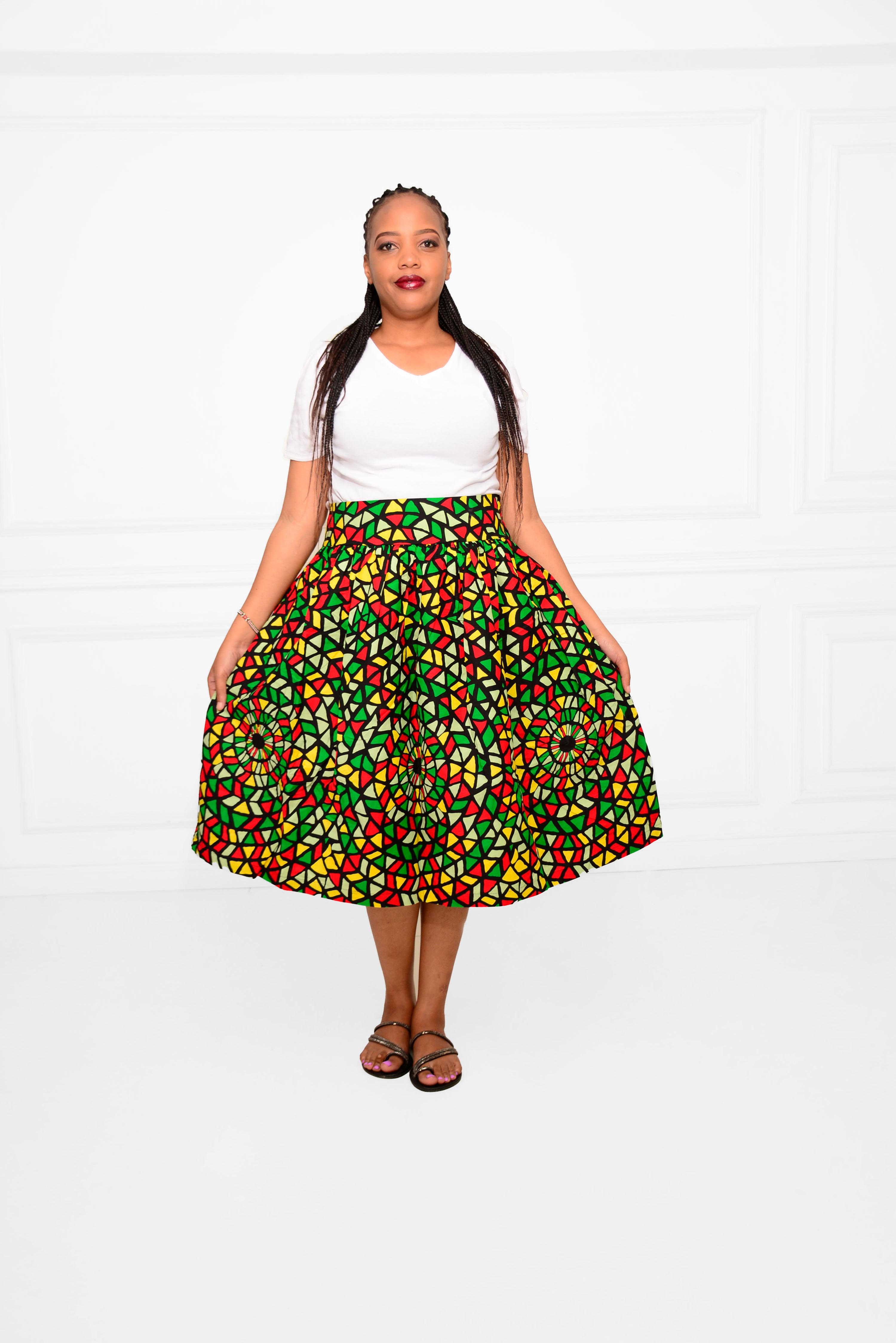 Short Ankara African Print Skirt – Vibrant Red, Black, Green & Yellow Below-the-Knee Style