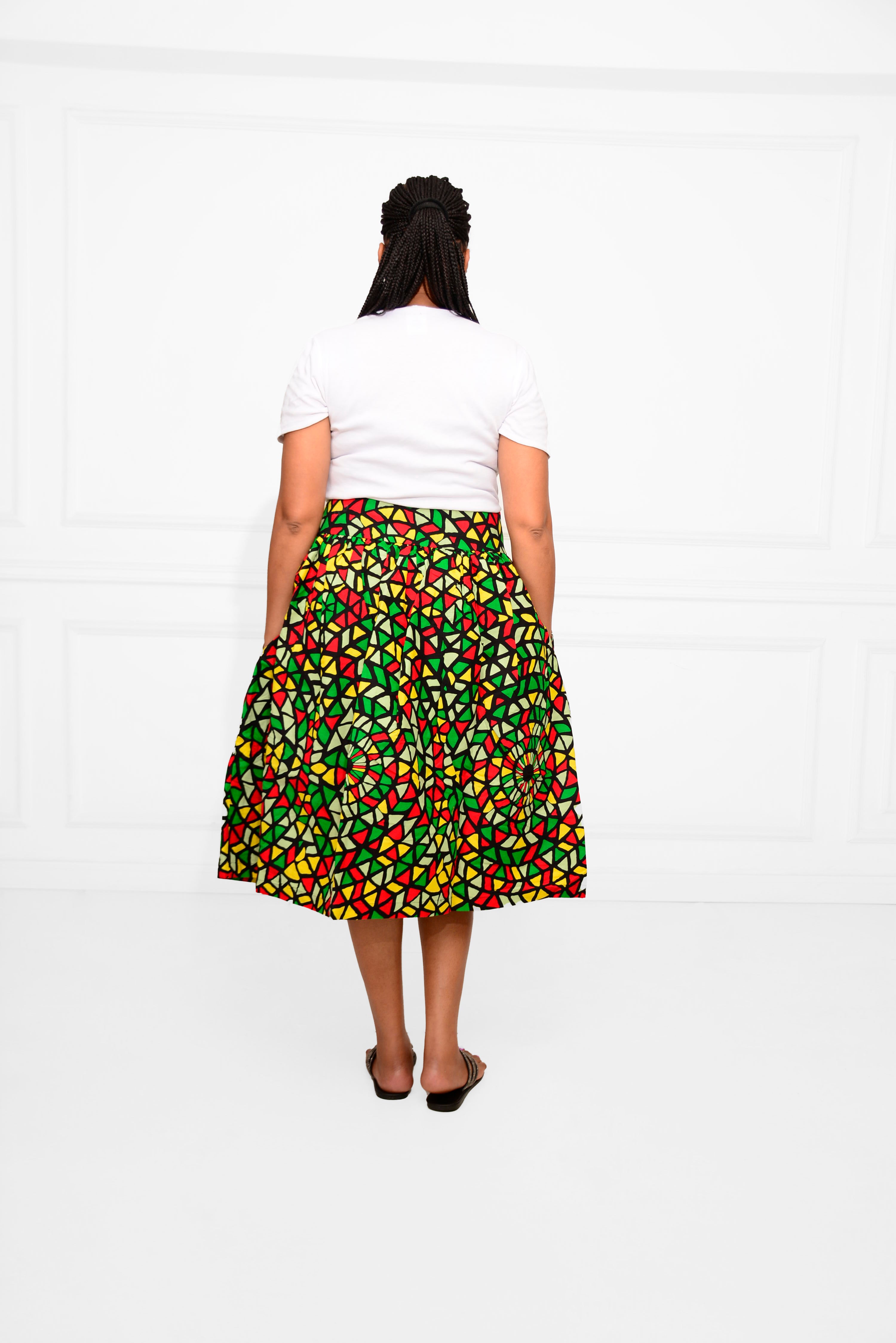 Short Ankara African Print Skirt – Vibrant Red, Black, Green & Yellow Below-the-Knee Style