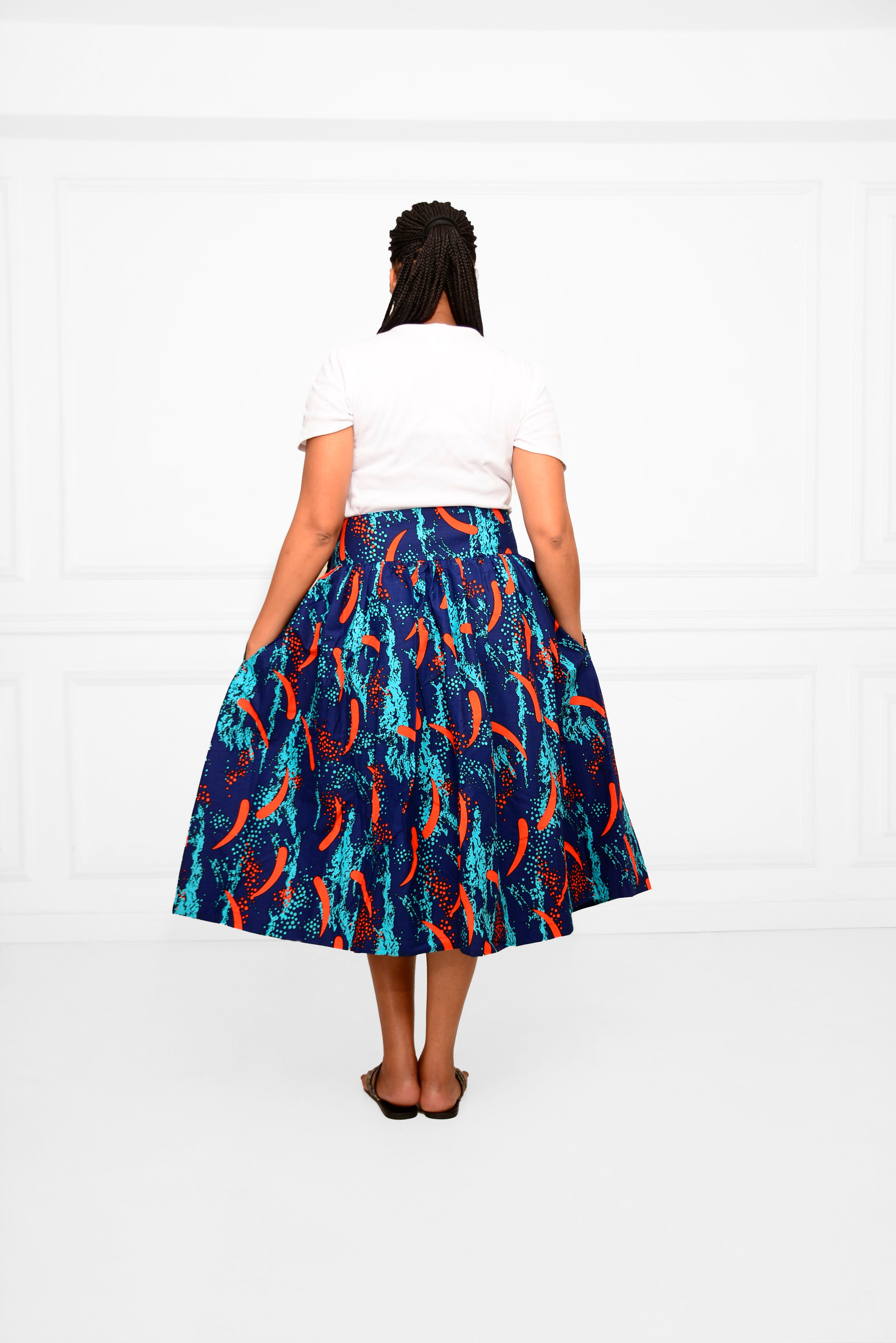 Short Ankara African Print Skirt – Bold Blue &amp; Orange Below-the-Knee Style