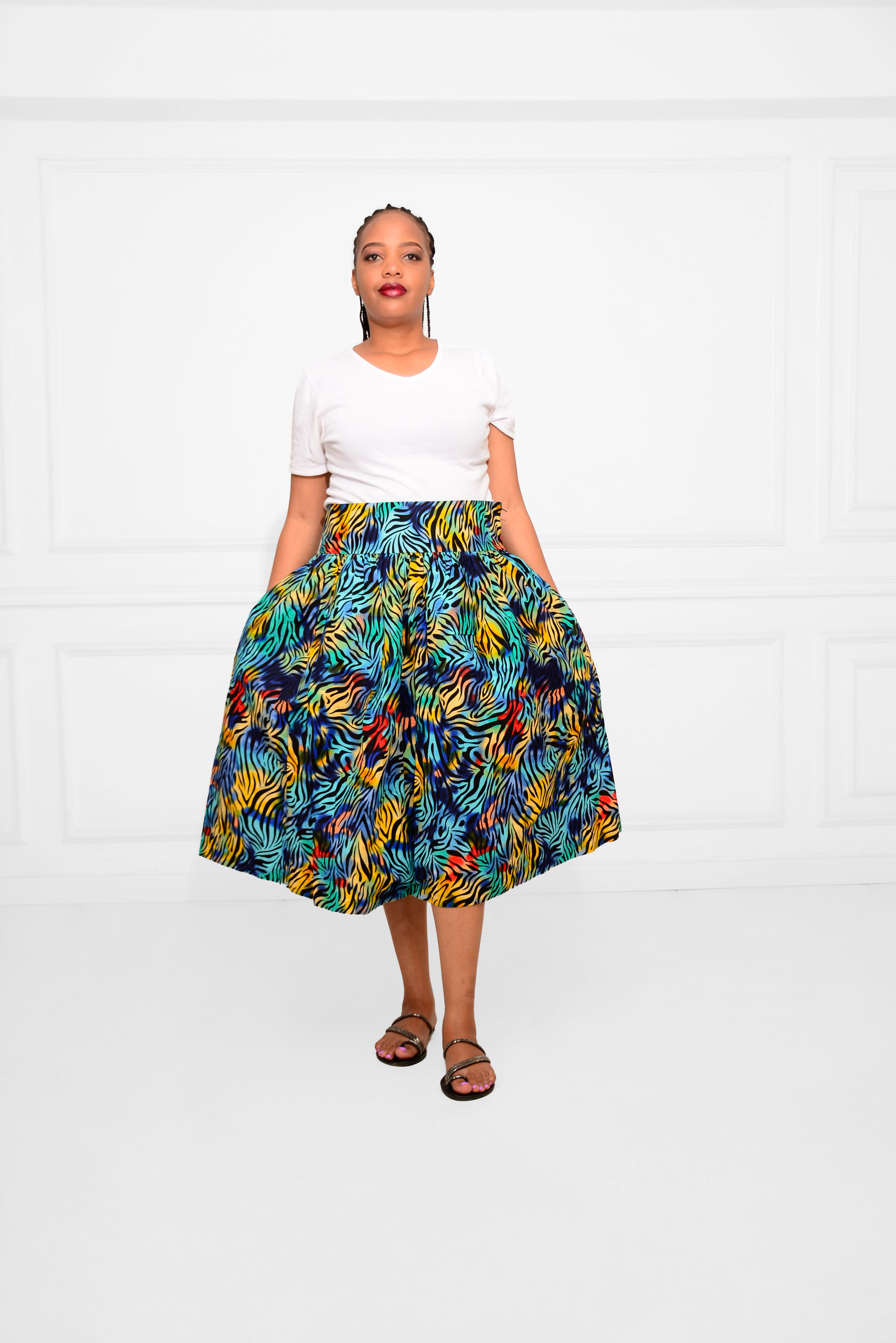 Short Ankara African Print Skirt – Bold Blue, Yellow & Red Below-the-Knee Design