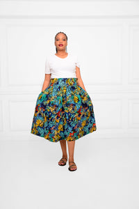 Short Ankara African Print Skirt – Bold Blue, Yellow & Red Below-the-Knee Design