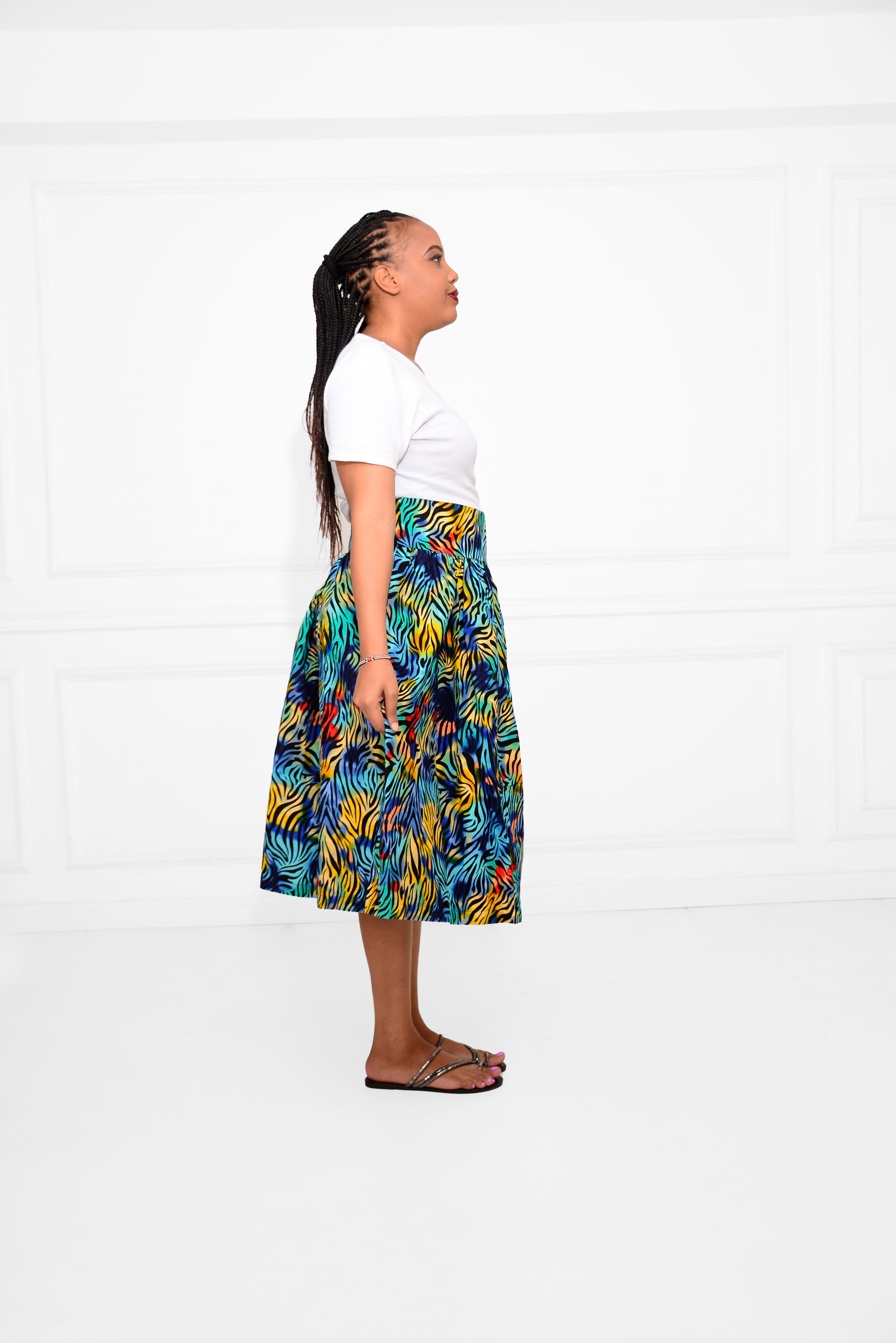Short Ankara African Print Skirt – Bold Blue, Yellow & Red Below-the-Knee Design