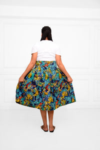 Short Ankara African Print Skirt – Bold Blue, Yellow & Red Below-the-Knee Design