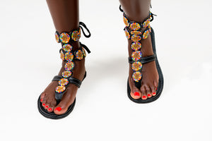 Black Midi Gladiator Maasai Leather Beaded Sandals (Sheen High)- MADE IN KENYA