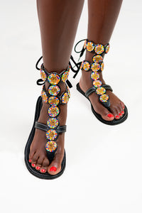 Black Midi Gladiator Maasai Leather Beaded Sandals (Sheen High)- MADE IN KENYA