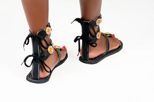 Black Midi Gladiator Maasai Leather Beaded Sandals (Sheen High)- MADE IN KENYA