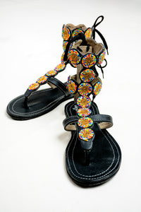Black Midi Gladiator Maasai Leather Beaded Sandals (Sheen High)- MADE IN KENYA