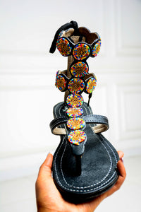 Black Midi Gladiator Maasai Leather Beaded Sandals (Sheen High)- MADE IN KENYA