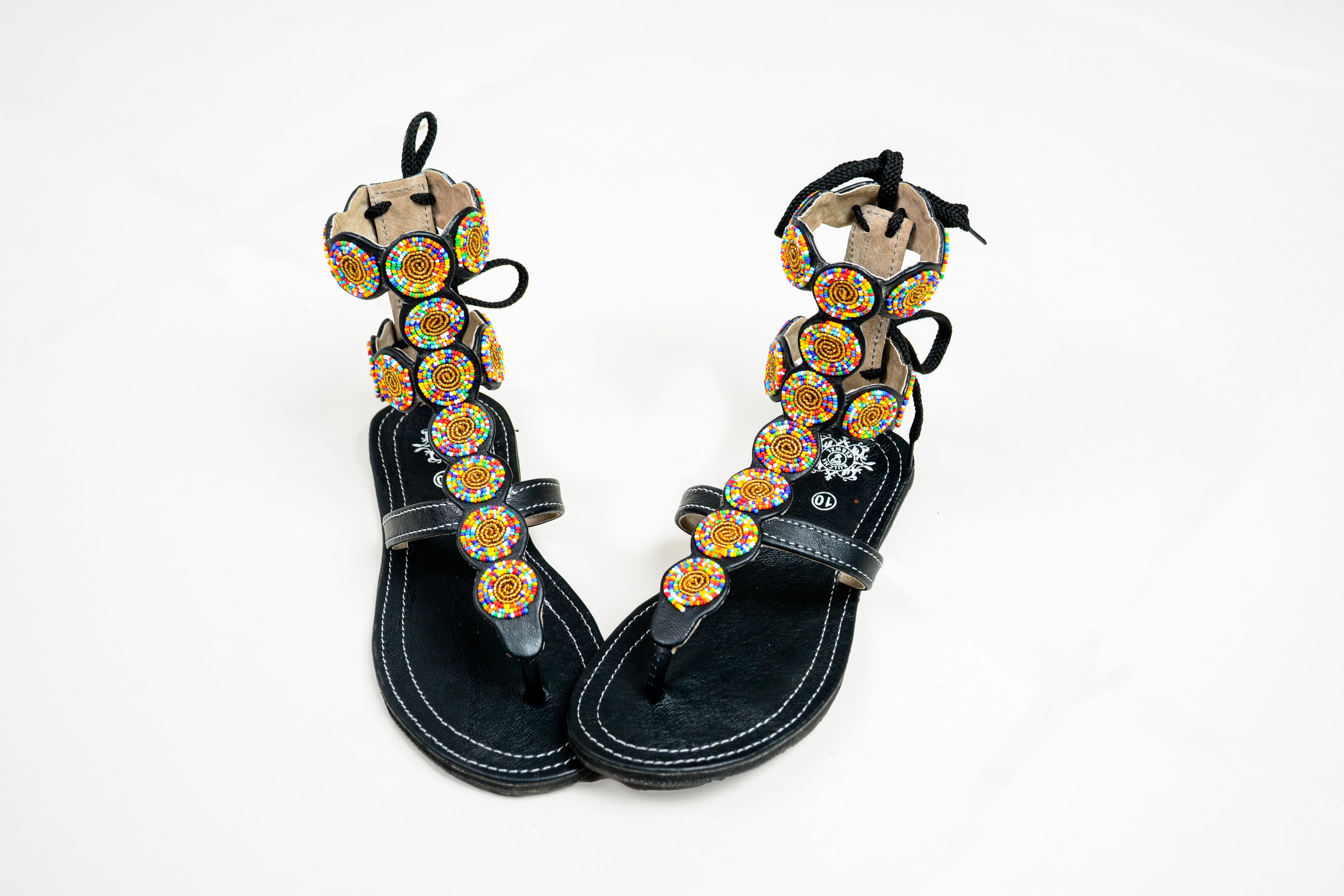Black Midi Gladiator Maasai Leather Beaded Sandals (Sheen High)- MADE IN KENYA