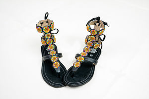 Black Midi Gladiator Maasai Leather Beaded Sandals (Sheen High)- MADE IN KENYA