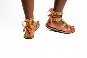 Tan Midi Gladiator Maasai Leather Beaded Sandals (Sheen High)- MADE IN KENYA (Copy)