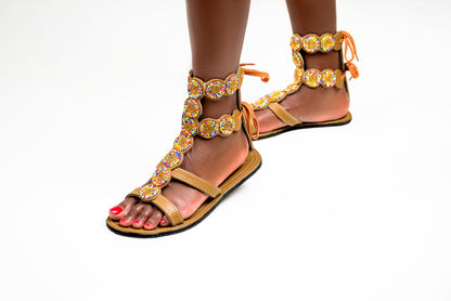 Tan Midi Gladiator Maasai Leather Beaded Sandals (Sheen High)- MADE IN KENYA (Copy)