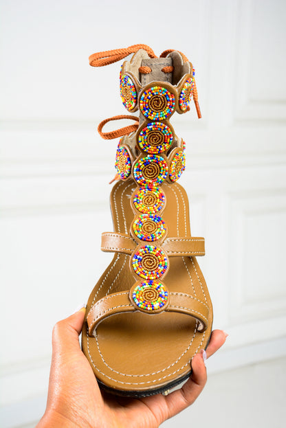 Tan Midi Gladiator Maasai Leather Beaded Sandals (Sheen High)- MADE IN KENYA (Copy)