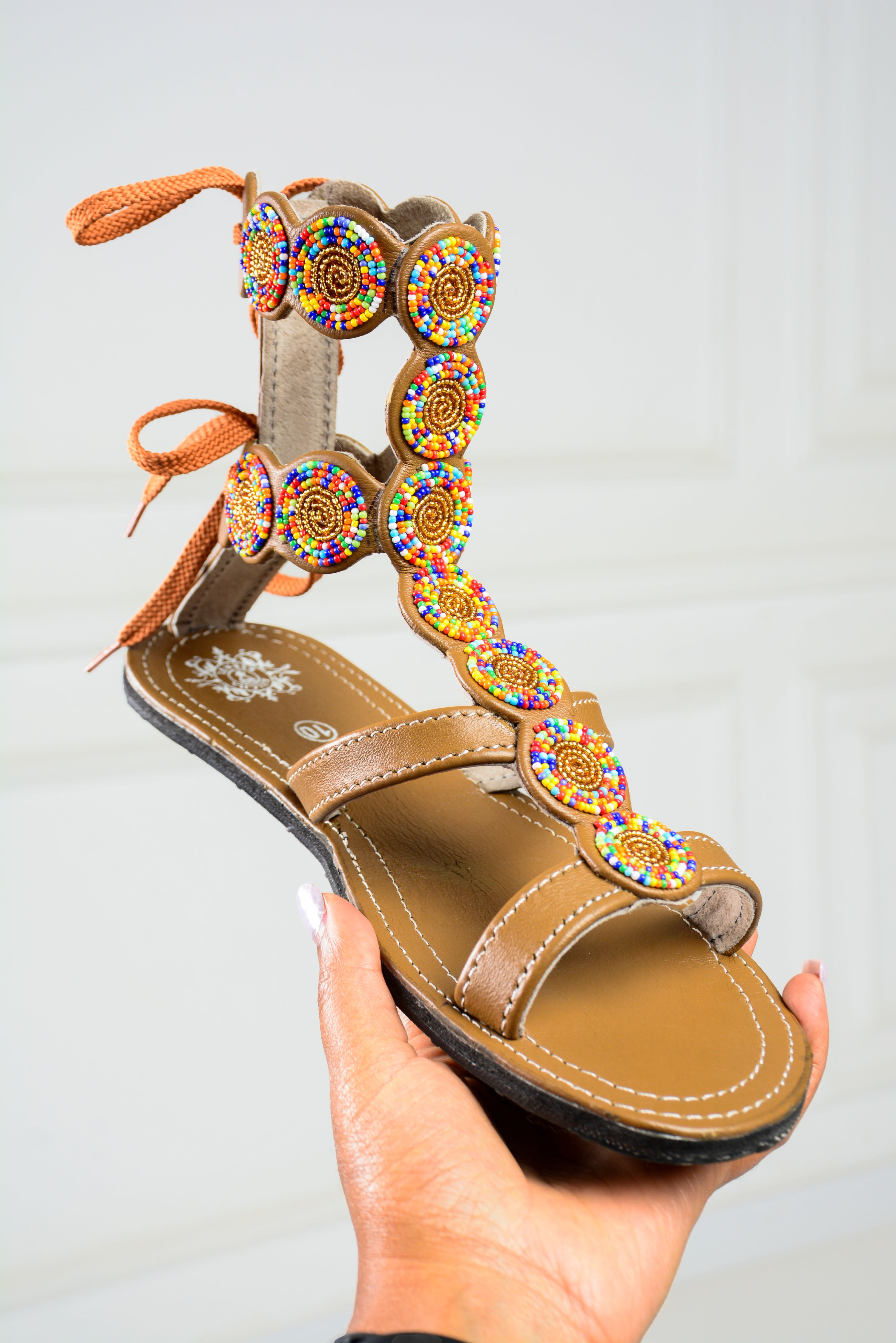 Tan Midi Gladiator Maasai Leather Beaded Sandals (Sheen High)- MADE IN KENYA (Copy)