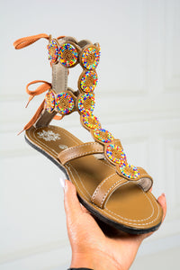 Tan Midi Gladiator Maasai Leather Beaded Sandals (Sheen High)- MADE IN KENYA (Copy)