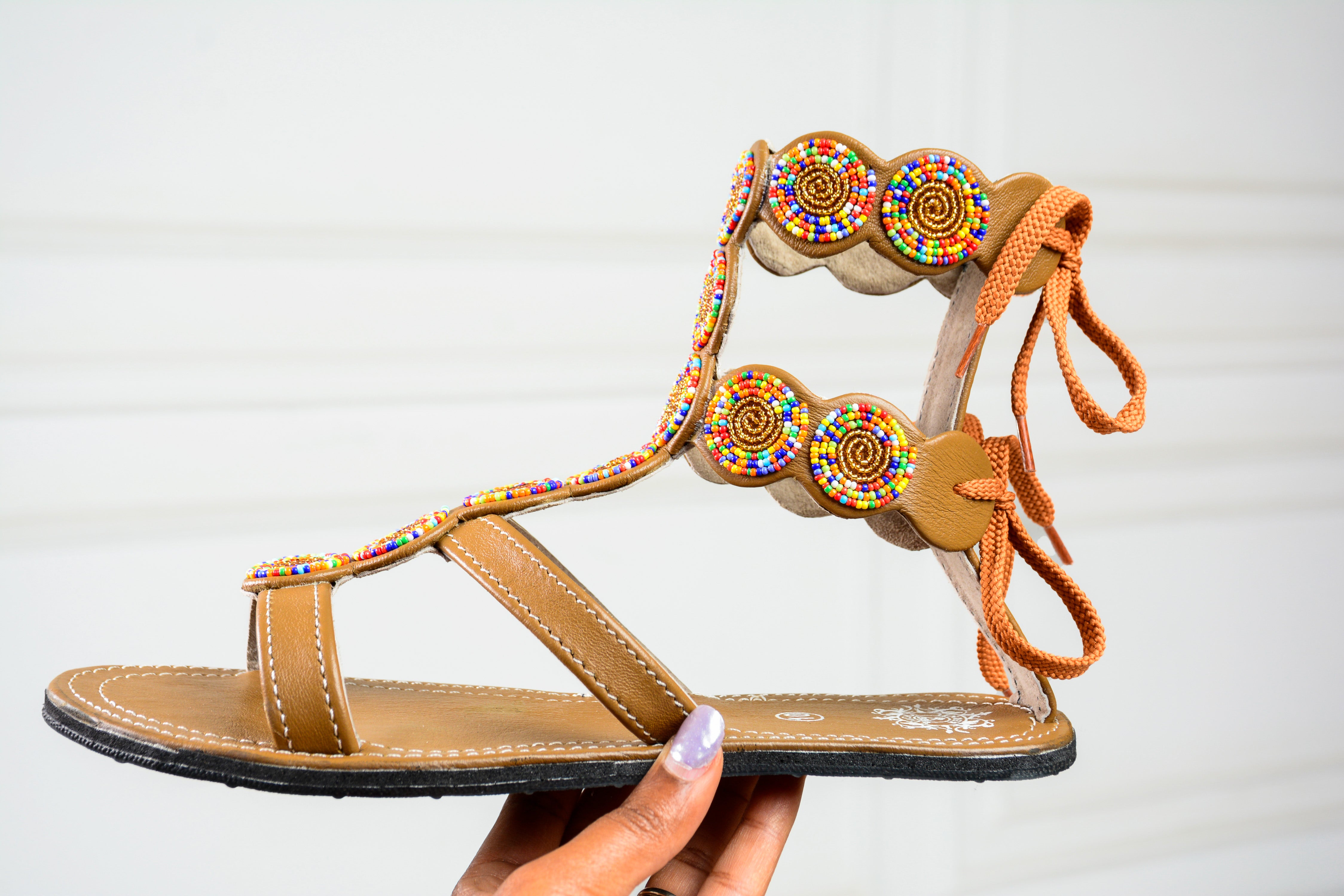 Tan Midi Gladiator Maasai Leather Beaded Sandals (Sheen High)- MADE IN KENYA (Copy)