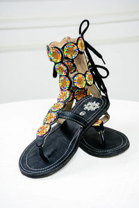 Black Midi Gladiator Maasai Leather Beaded Sandals (Sheen High)- MADE IN KENYA