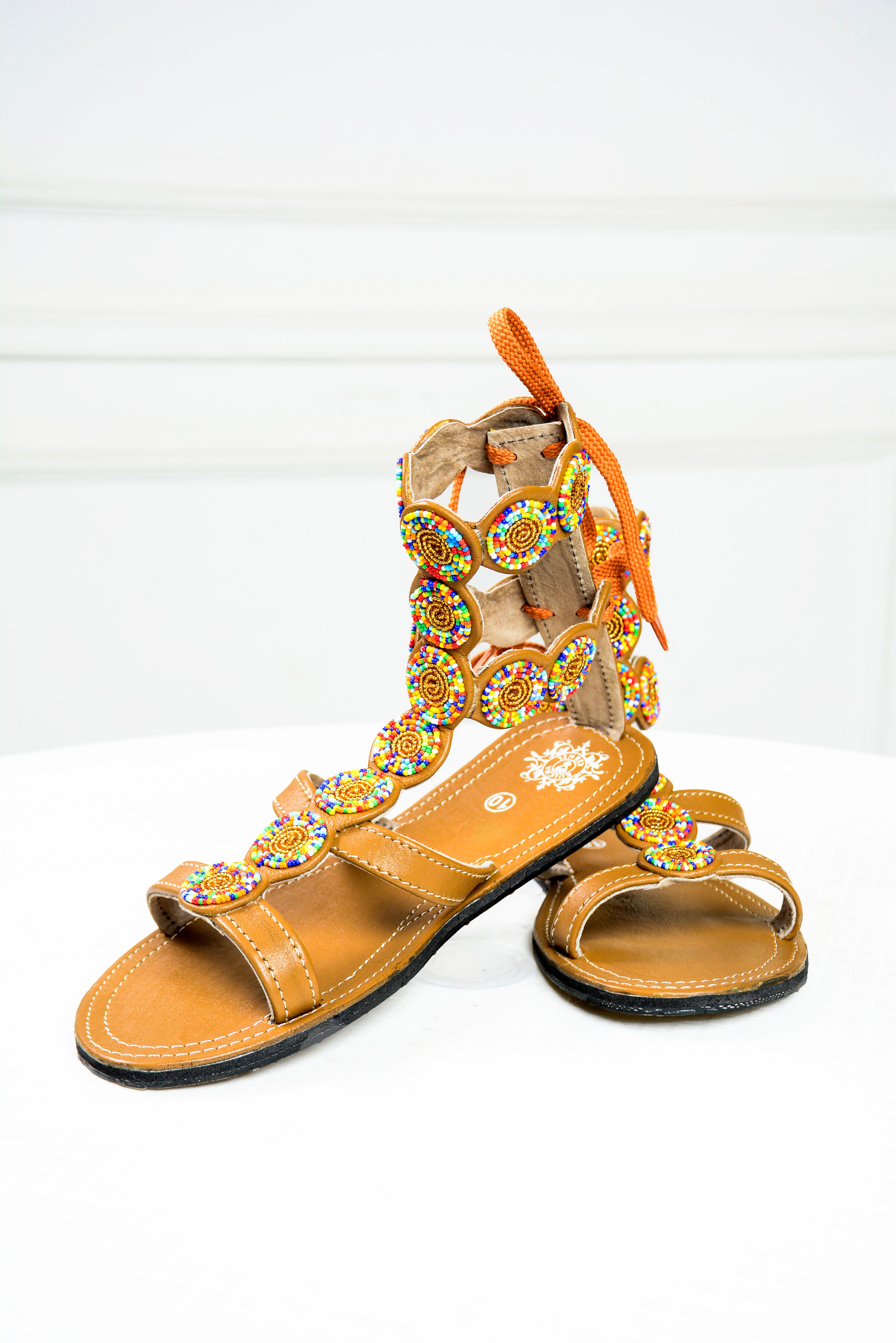 Tan Midi Gladiator Maasai Leather Beaded Sandals (Sheen High)- MADE IN KENYA (Copy)