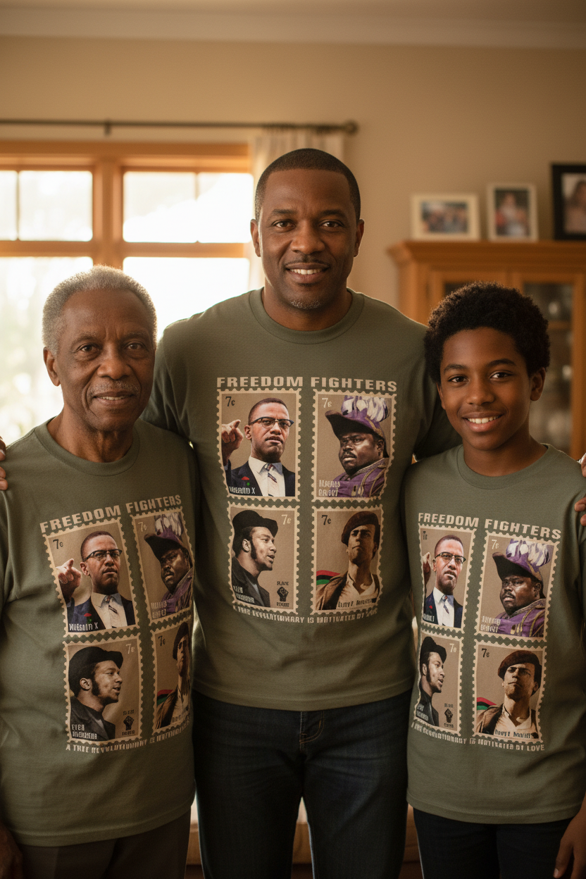 Freedom Fighters (Malcom X, Marcus Garvey, Fred Hampton, & Huey P. Newton ) T-Shirt - Kulcha Kernel