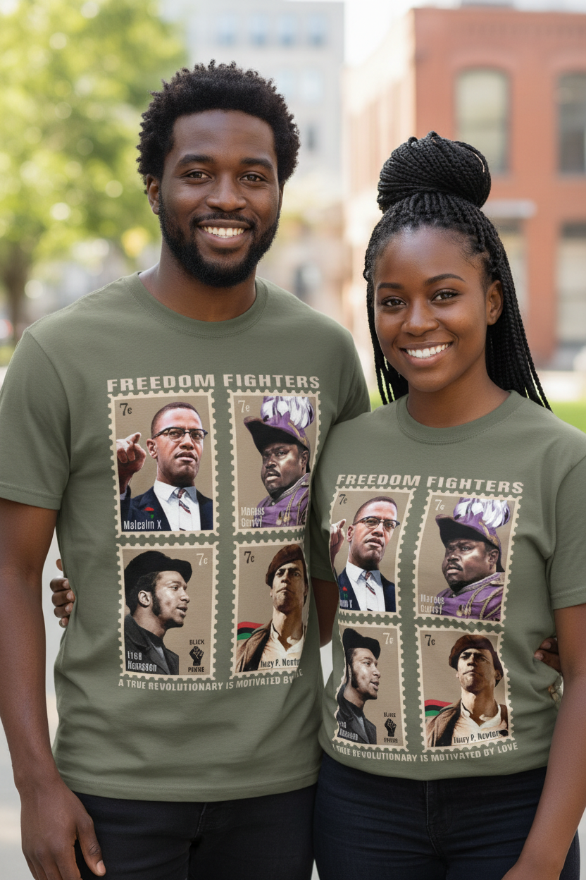 Green t-shirt with graphic of four historical figures labeled 'Freedom Fighters' on a white background