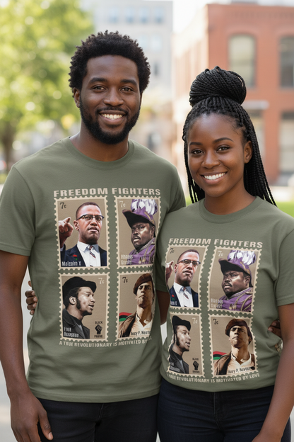 Green t-shirt with graphic of four historical figures labeled 'Freedom Fighters' on a white background