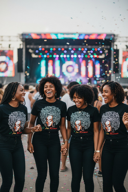 Four women wearing black t-shirts with a graphic of a person and text, standing in front of a colorful stage.