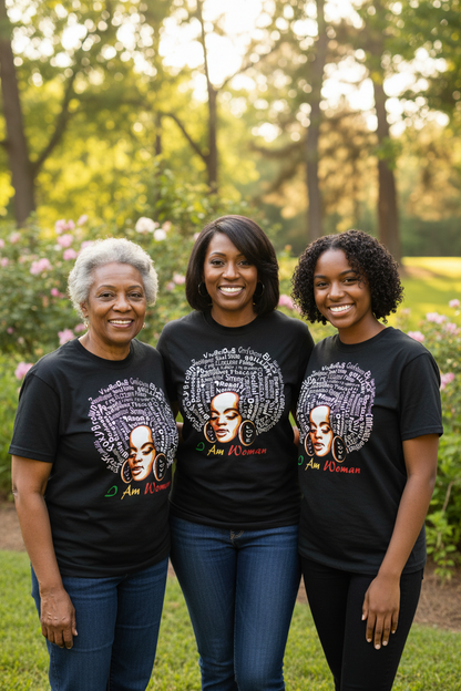 Three women wearing black t-shirts with a graphic design in a park.