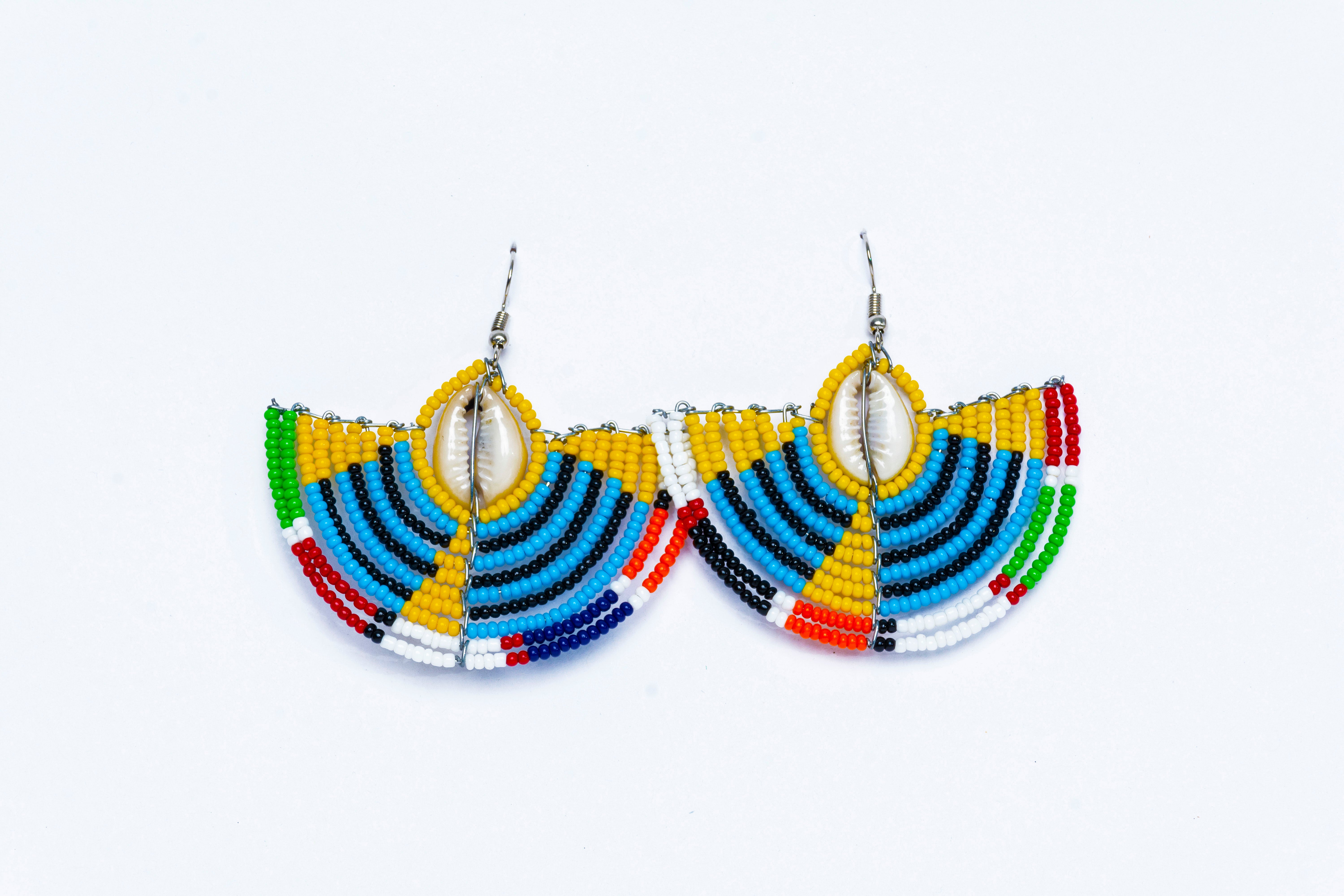 HANDMADE COWRY SHELL & MULTI-COLORED MAASAI BEADED EARRINGS - MADE IN KENYA